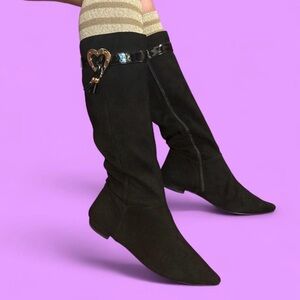 Black Knee-High Boots with Heart Detail